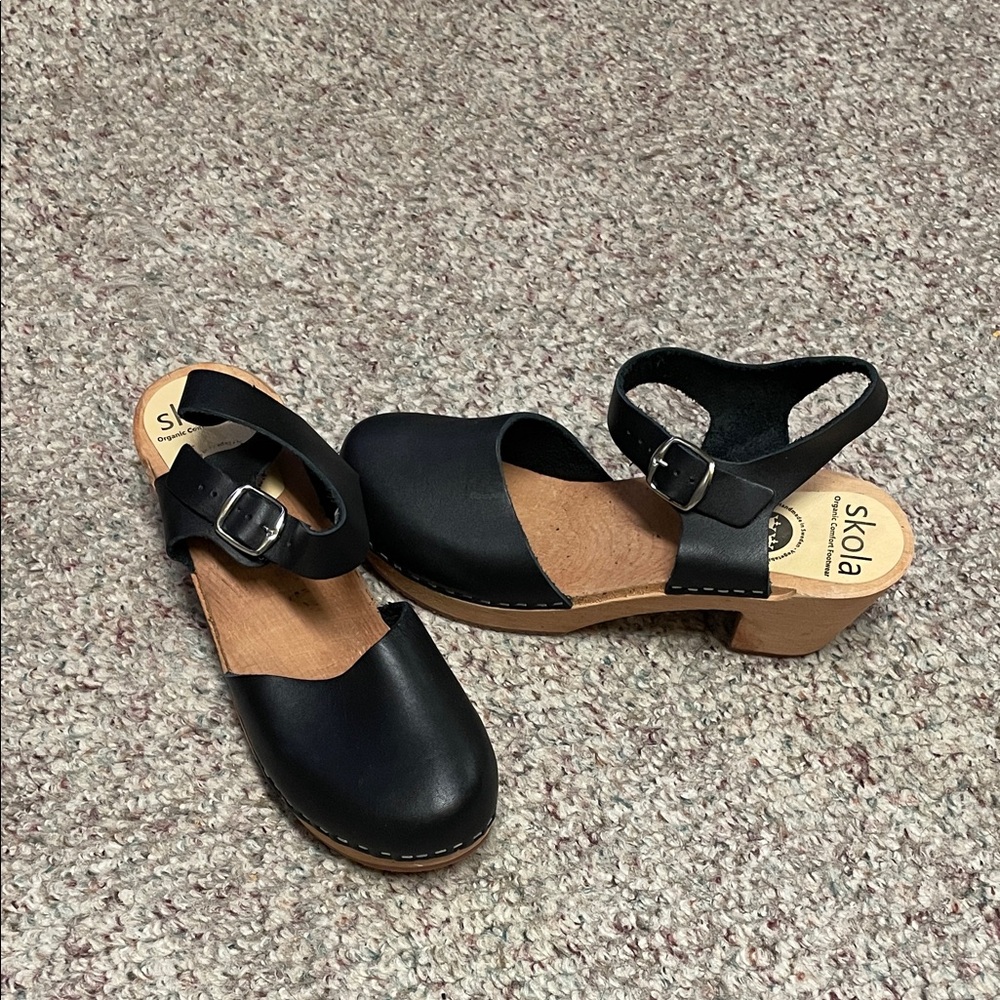 Black Leather Clog Mules with Buckle Ankle Strap